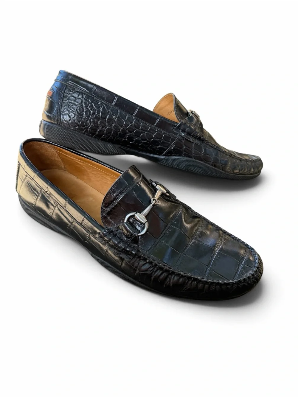 Peter Millar Crown Black Croc-Embossed HorseBit Loafers in Black Leather
